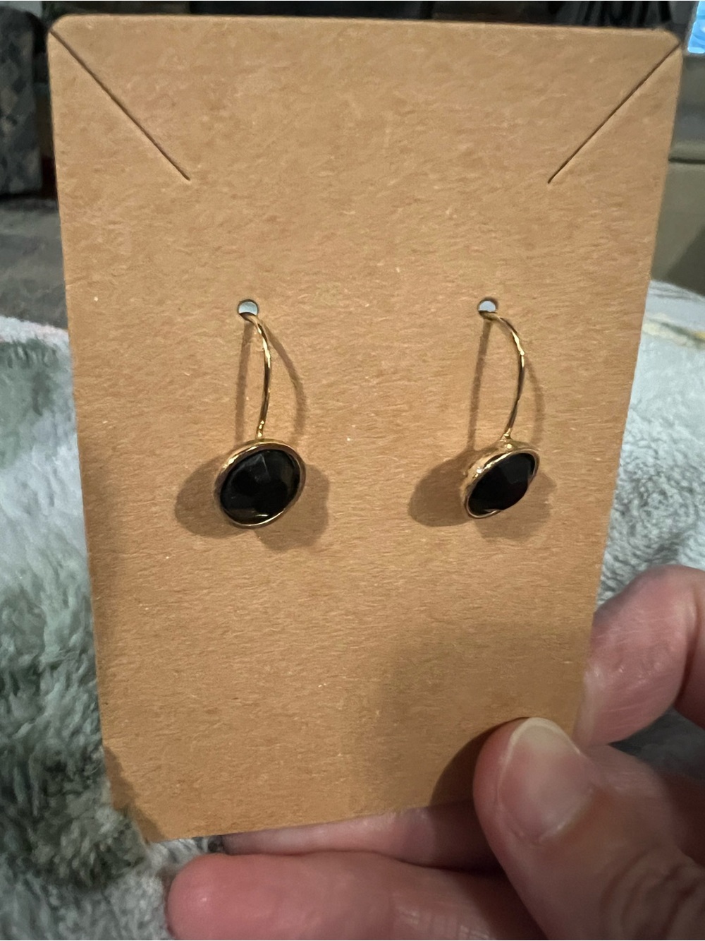 Gold Hoop Earrings with Black Stone Accent